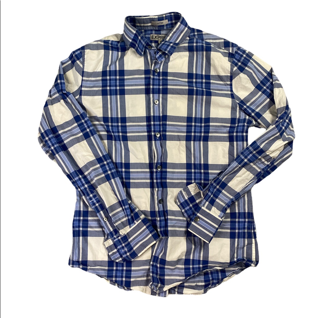 Men’s Express Fitted Long Sleeve Cotton Plaid Button Down Shirt
